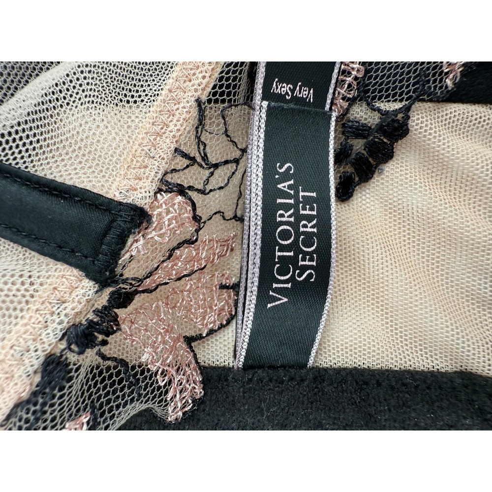 Victorias Secret Very Sexy Longline Bra 36D Black Pink Floral Embroidered Mesh - Picture 5 of 6